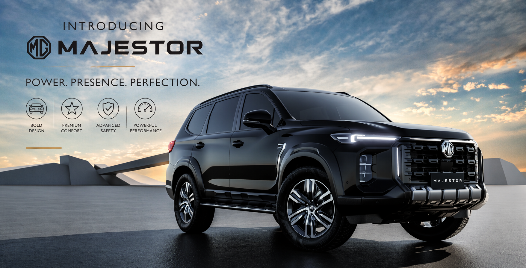 MG Majestor black SUV front view with bold design and LED headlights in a premium setting