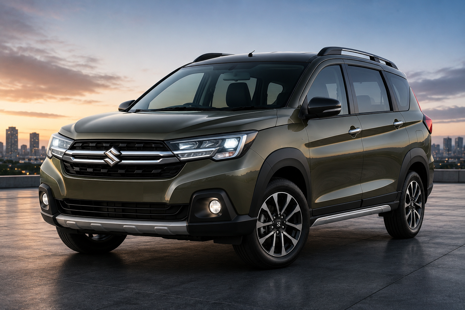 Rear three-quarter view of the Suzuki XL7 2026 showcasing LED tail lamps, stylish alloy wheels, roof rails, and premium 7-seater SUV design at sunset.