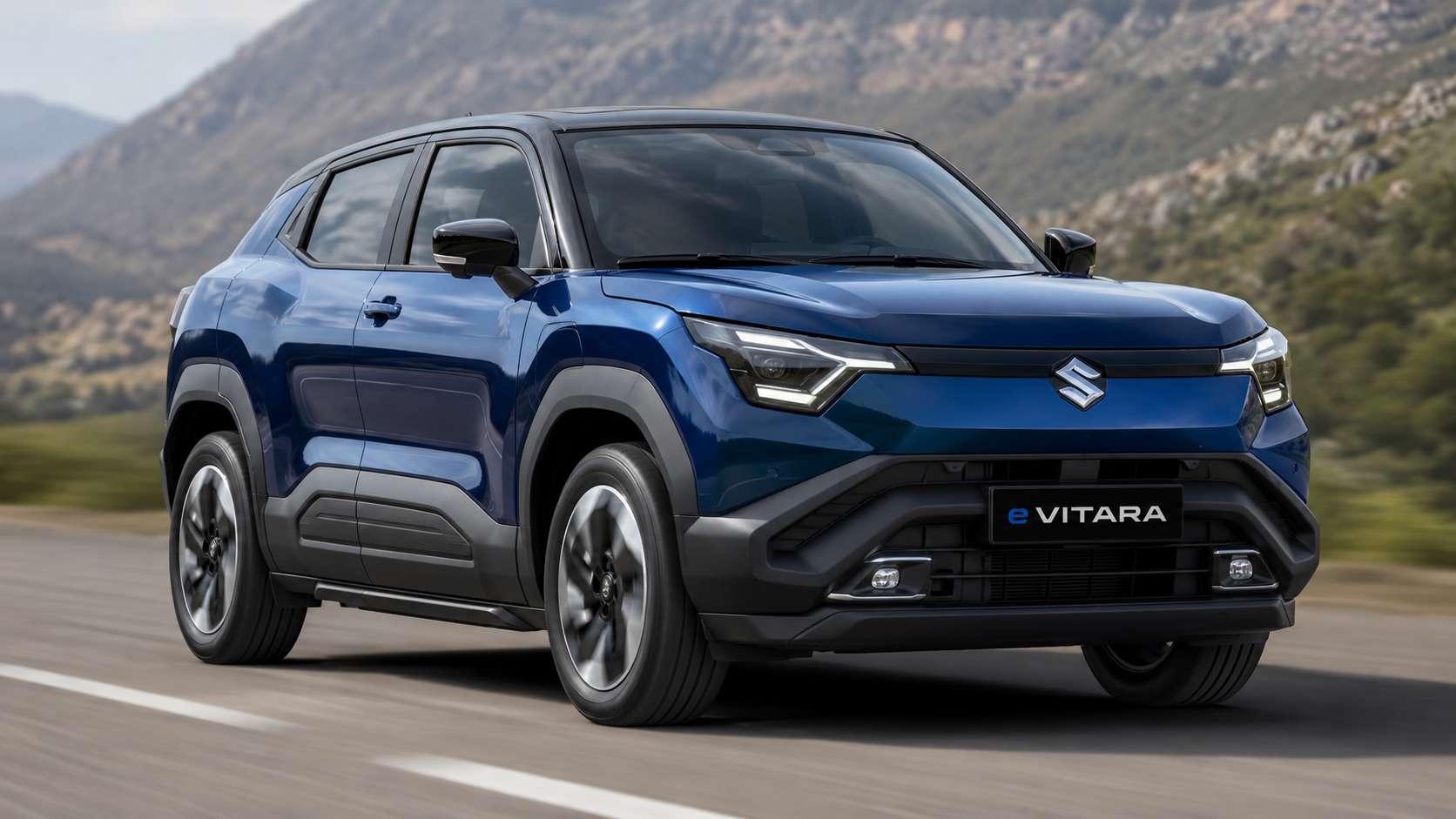 Maruti Suzuki e Vitara electric SUV 2026 in blue color with modern front design on a scenic mountain road