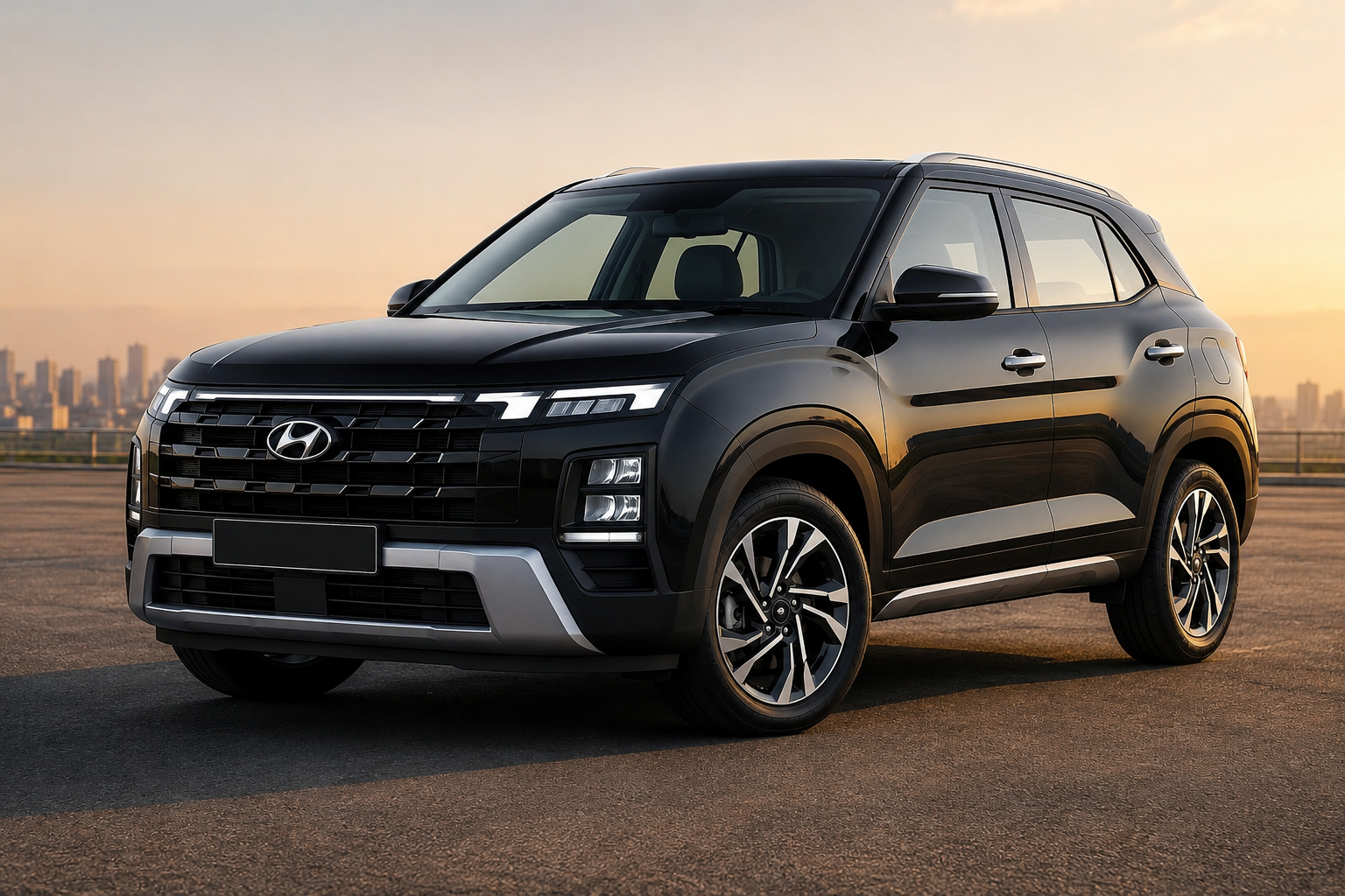 Rear three-quarter view of the 2026 Hyundai Creta in black, showcasing connected LED tail lamps, sporty alloy wheels, premium SUV styling, and modern rear design on an open road.