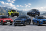 Maruti Suzuki SUV lineup 2026 featuring Brezza, Grand Vitara, Fronx, Jimny, and e Vitara in a scenic mountain landscape
