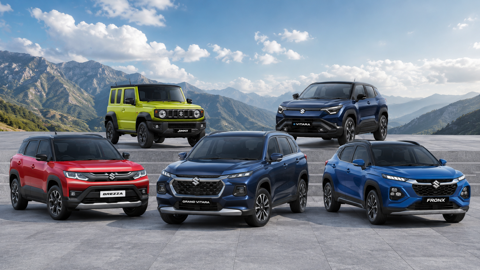 Maruti Suzuki SUV lineup 2026 featuring Brezza, Grand Vitara, Fronx, Jimny, and e Vitara in a scenic mountain landscape