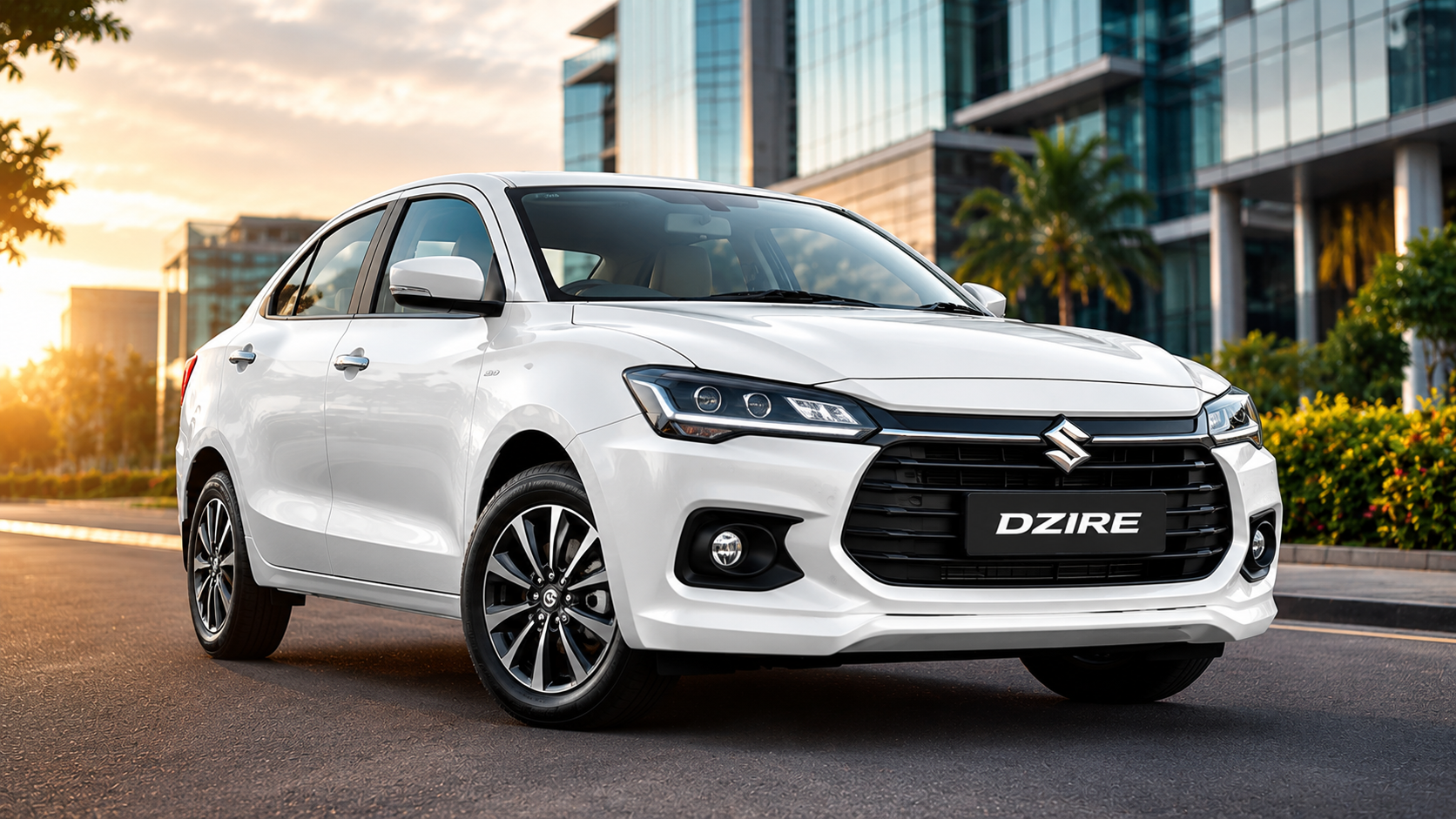 2026 Maruti Suzuki Dzire premium white sedan parked on a modern Indian city road during golden hour with stylish LED headlights, chrome grille, alloy wheels, and luxury exterior design
