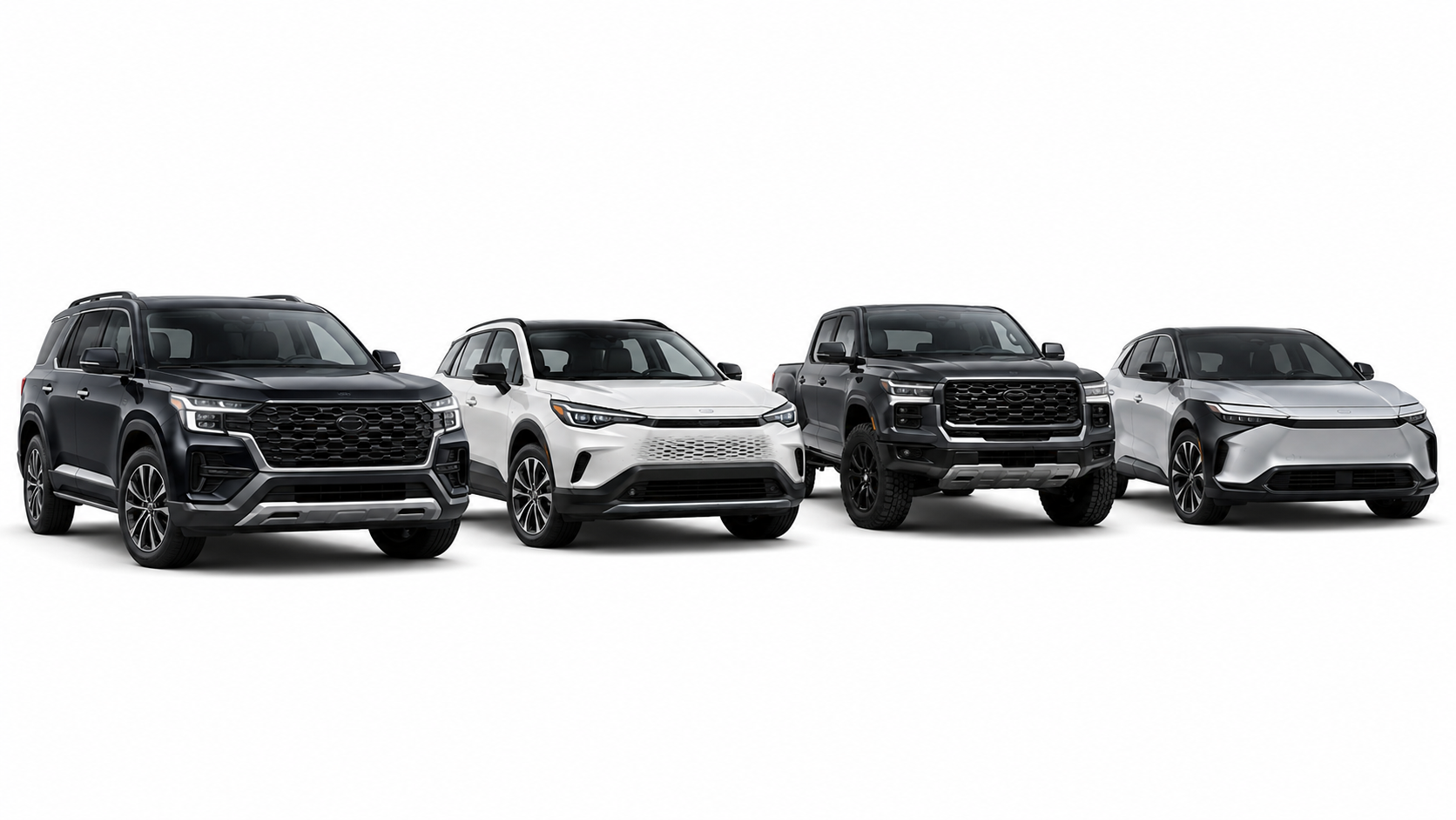 Toyota upcoming cars in India 2026 lineup featuring premium SUV, hybrid SUV, pickup truck, and electric SUV models displayed in a realistic studio setting with white background.