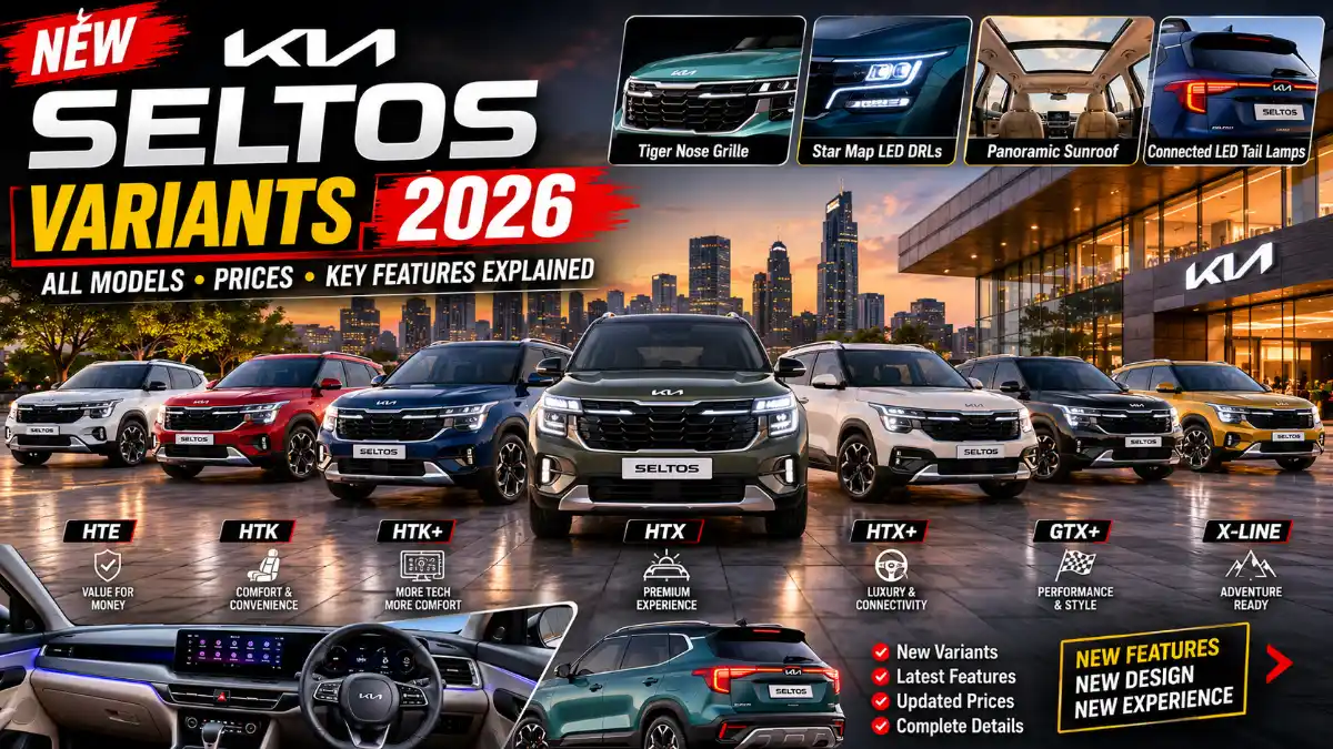 New Kia Seltos Variants 2026 featuring all models including HTE, HTK, HTK+, HTX, HTX+, GTX+, and X-Line with prices, features, and premium SUV design.
