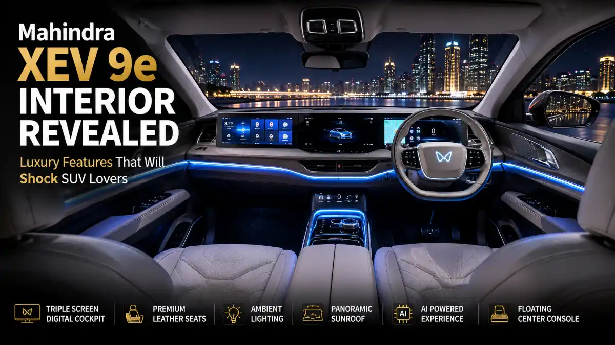 Mahindra XEV 9e luxury electric SUV interior with futuristic dashboard, triple digital screens, ambient lighting, panoramic sunroof, and premium leather seats.