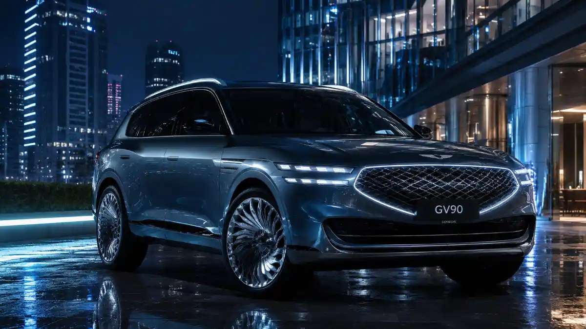 Genesis GV90 luxury electric SUV featured image with futuristic design, LED lighting, premium styling, and modern city skyline background.