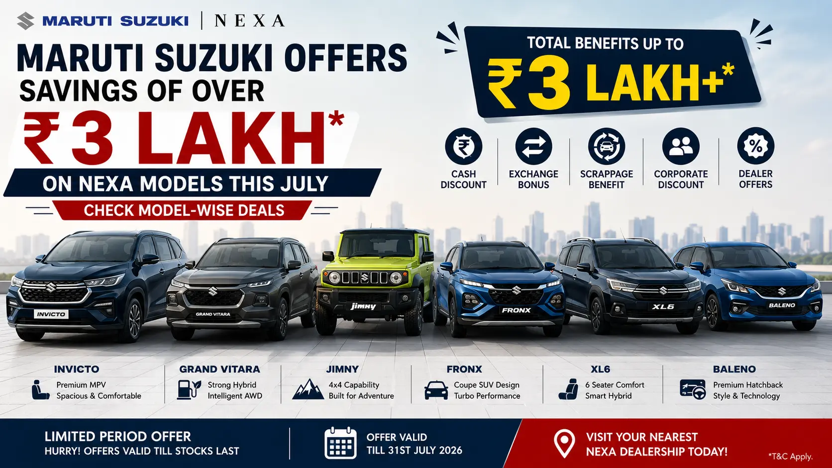 Maruti Suzuki Nexa Discounts, Maruti Suzuki July Offers, Nexa Discounts July 2026, Maruti Suzuki Offers, Maruti Invicto Discount, Grand Vitara Discount, Maruti Jimny Offers, Maruti Fronx Discount, Maruti Baleno Discount, Maruti XL6 Discount, Nexa Cars Offers, Maruti Suzuki Nexa Cars, Maruti Car Discounts, July Car Discounts India, Maruti Suzuki News, Maruti Nexa Deals, Hybrid SUV Offers, Maruti Premium Cars, Car Offers 2026, Maruti Discounts India