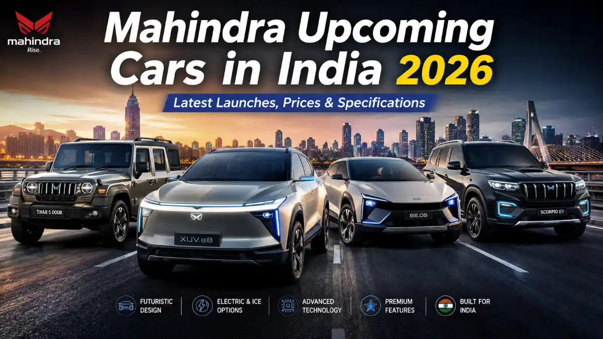 **Alt Text:** “Upcoming Mahindra cars in India including Thar 5 Door, XUV.e8, BE.05, Scorpio EV, and Bolero Neo Plus showcased with futuristic SUV styling on a modern highway.”